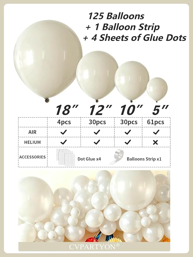 White Balloons 125 Pcs Different Sizes 18 12 10 5 Inch Sand White Neutral Latex - Image 3