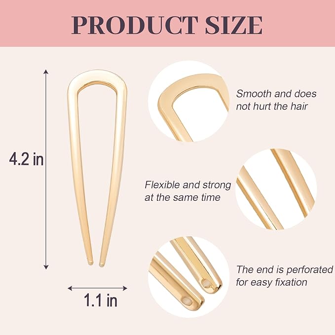 2PCS 4.2Inch French Hair Pins U-Shaped Pins for Women and Girls Fashion Metal Hair Pin French Twist Hair Pins for Buns, Updos,Stylish and Functional(set1-gold)