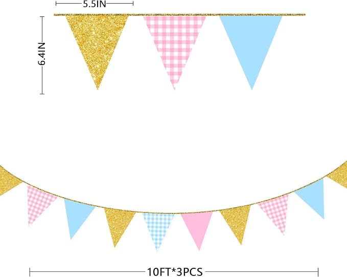Pink and Blue Buffalo Plaid Gold Party Decorations Pennant Banner Flag Hanging - Image 2