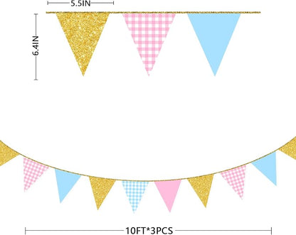 Pink and Blue Buffalo Plaid Gold Party Decorations Pennant Banner Flag Hanging - Image 2