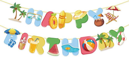 Beach Happy Birthday Banner Pool Party Supplies Hawaiian Beach Tropical by GLASNES