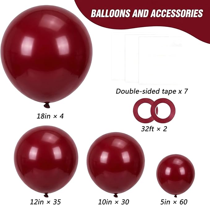 RUBFAC Burgundy Balloons Different Sizes Ruby Red Balloon Arch 129pcs | Latex - Image 2
