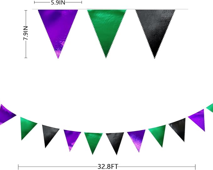 Black Purple Green Party Decorations Metallic Fabric Triangle Pennant Banner - Image 2