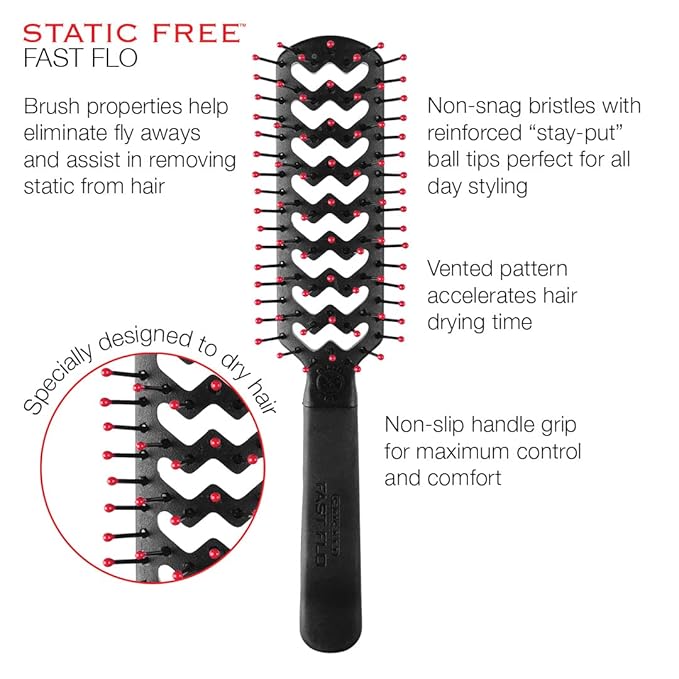 Cricket Static Free Fast Flo Vent Hair Brush - Quick Blow Drying, Easy Styling, and Tangle-Free Detangling for All Hair Types, Long, Short, Thick, Thin, Curly, Straight, and Wavy