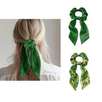2 Pack St Patricks Green Four Leaf Hair Scarf for Women Ponytail Scrunchies Long Ribbon Scrunchies for Little Gilrs No Damage Knotted Bow