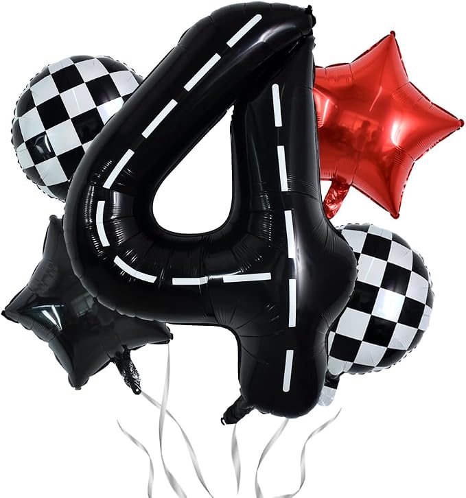 TONIFUL 40 Inch Race Car 4th Birthday Balloons Racetrack Number 4 Black & White by TONIFUL