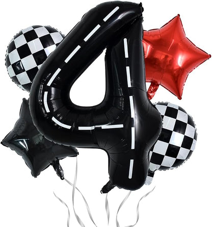 TONIFUL 40 Inch Race Car 4th Birthday Balloons Racetrack Number 4 Black & White by TONIFUL
