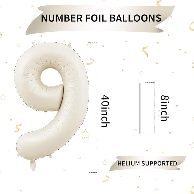 40 Inch Cream Number 9 Balloon, Digital 9 Cream White Giant 9 Foil Balloon - Image 2