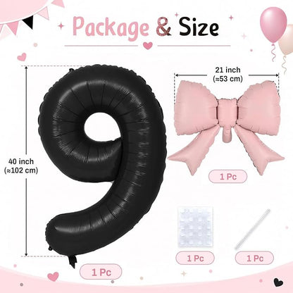 40 Inch Black Number 9 with Pink Bow Balloon, Giant Self Inflating Black Foil - Image 2