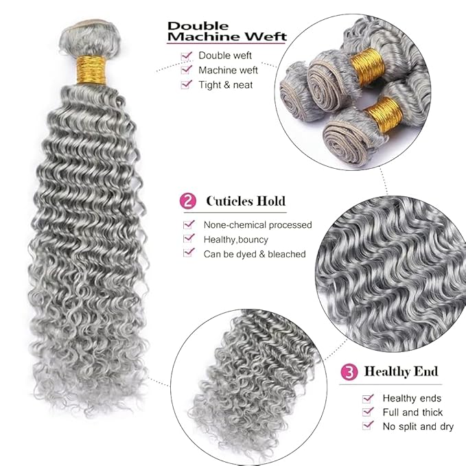 Grey Bundles Human Hair Silver Deep Wave Bundle Niegmeag Brazilian Virgin Remy Hair 3 Bundles 26 28 30 Inch Double Weft Soft And Silky Gray Deep Wave Bundle