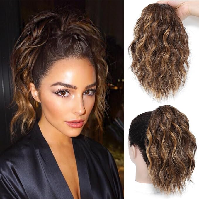 Ponytail Extension-12 Inch Drawstring Ponytail Hair Extensions for Women Synthetic Curly Wavy Fake Pony Tails Hair Pieces for Daily Party Use (Chestnut Brown Mix Golden Highlights)