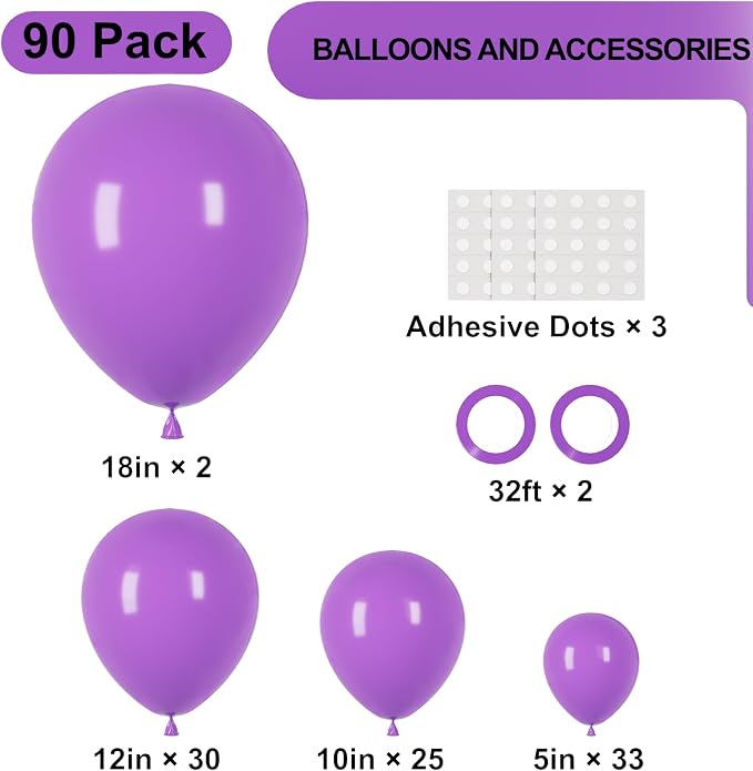 Voircoloria 90pcs Purple Balloons Garland Arch Kit, 18 12 10 5 Inch | - Image 2