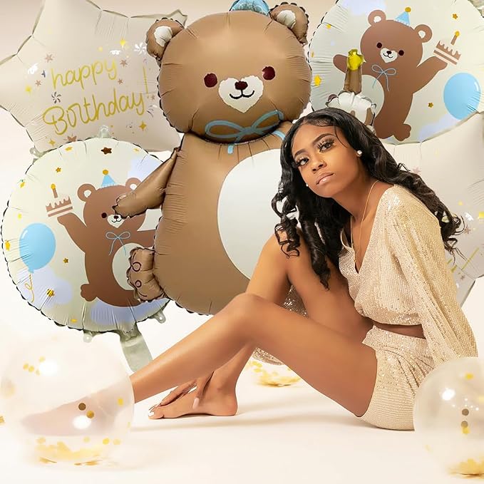 Matte Bear Birthday Party Balloons, Big Brown Bear Foil Balloons Set | Animal - Image 2