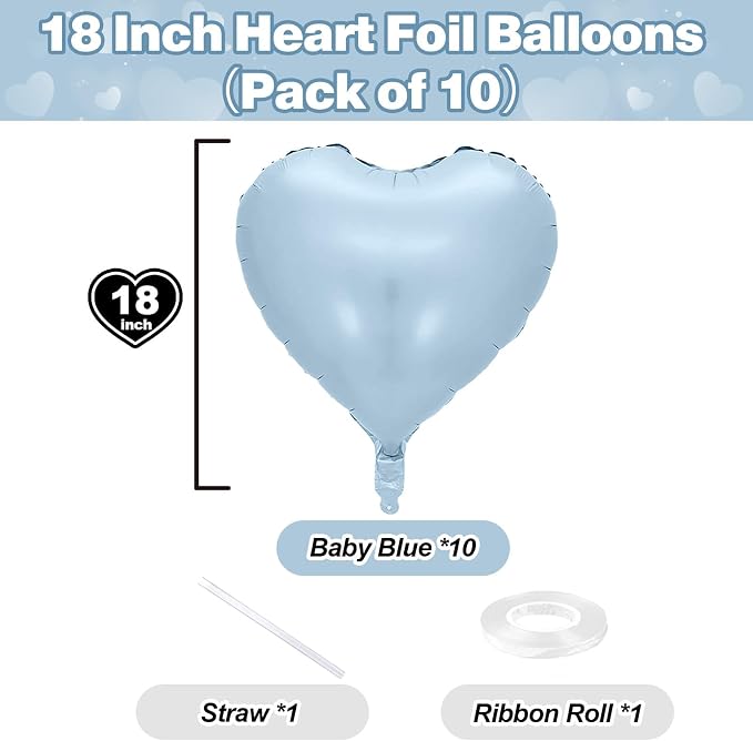 Baby Blue Heart Foil Balloons, 18Inch Large Heart Polyester Film Balloon - Image 2