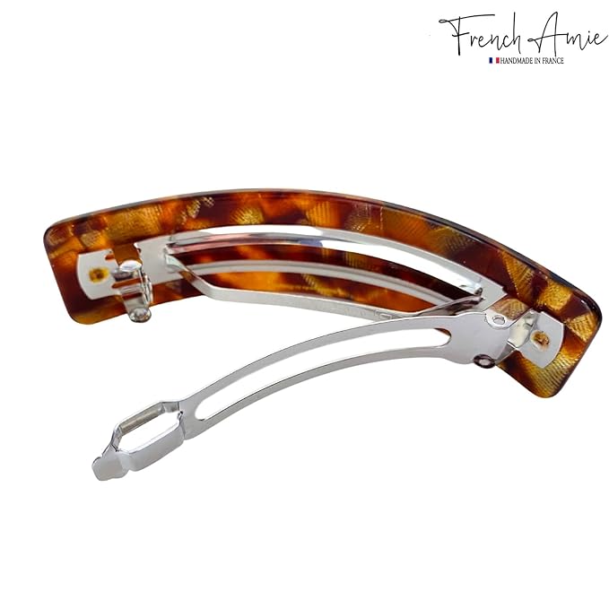 French Amie Curved Amber Brown Large Handmade Strong Grip Celluloid Automatic Hair Clip Barrette