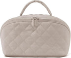 Petition Travel Makeup Bag for Woman,Festivalment Lay Flat Makeup Bag, Wide Open Water-Resistant Cosmetic Case,Puffy Padded Organizer for Toiletries & Brushes Large Capacity with Compartments (Khaki)