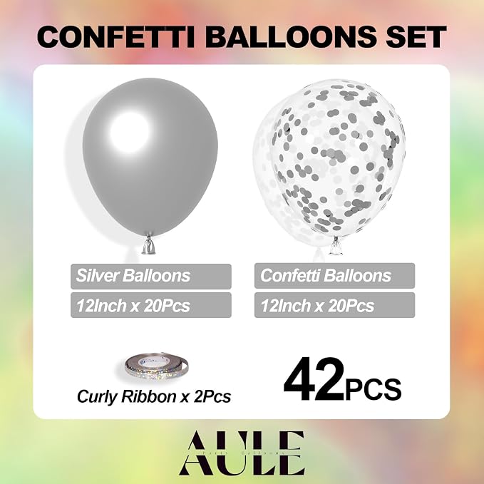 AULE 42Pcs Metallic 12 Inch Silver Confetti Balloons Set | Silver Party Balloons - Image 3