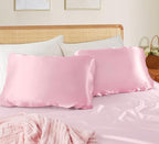 SiinvdaBZX Blush Pink Satin Pillowcase Standard/Queen Size Set of 2, Silky Travel Elastic Band Satin Pillow Case for Hair and Skin, Soft Portable & Fit for Various Pillow