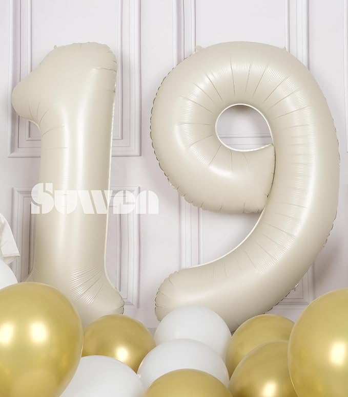 SUWEN 40 Inch Cream White Large 19 Number Balloons Big Foil Helium Number - Image 4