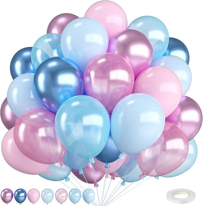 Pink and Blue Balloons, 12 Inch Metallic Baby Blue Pink Purple Balloons by FEYG