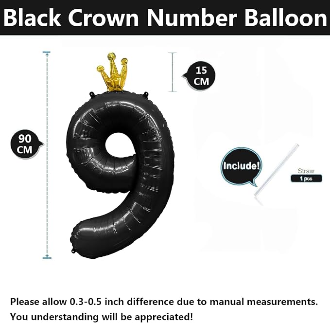 Black Number 9 Balloon with Crown, 40 inch Black Number Balloon 9th Birthday - Image 2