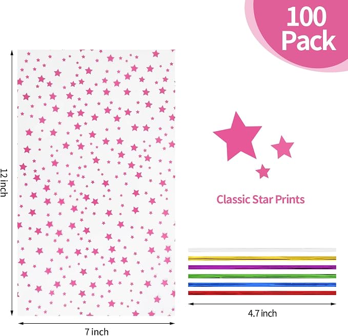 COQOFA 100 Pcs Pink Star 7"X12" Gift Wrap Cello Cellophane Treat Bags Party - Image 2