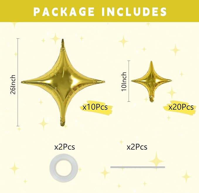 TONIFUL 30 Pcs Four Pointed Star Balloon 26In & 10In Gold Foil Balloon | Helium - Image 2