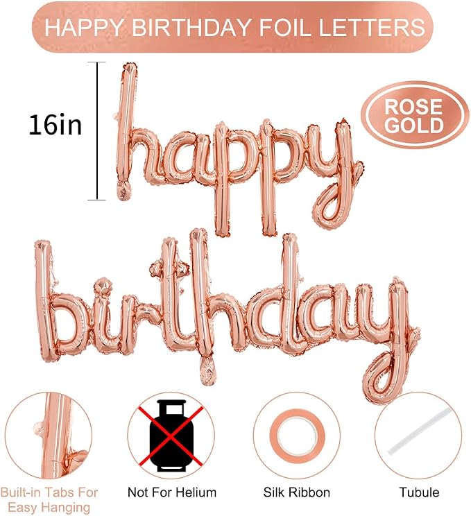 TONIFUL Rose Gold Happy Birthday Balloons Banner, 16 Inch Mylar Foil - Image 2