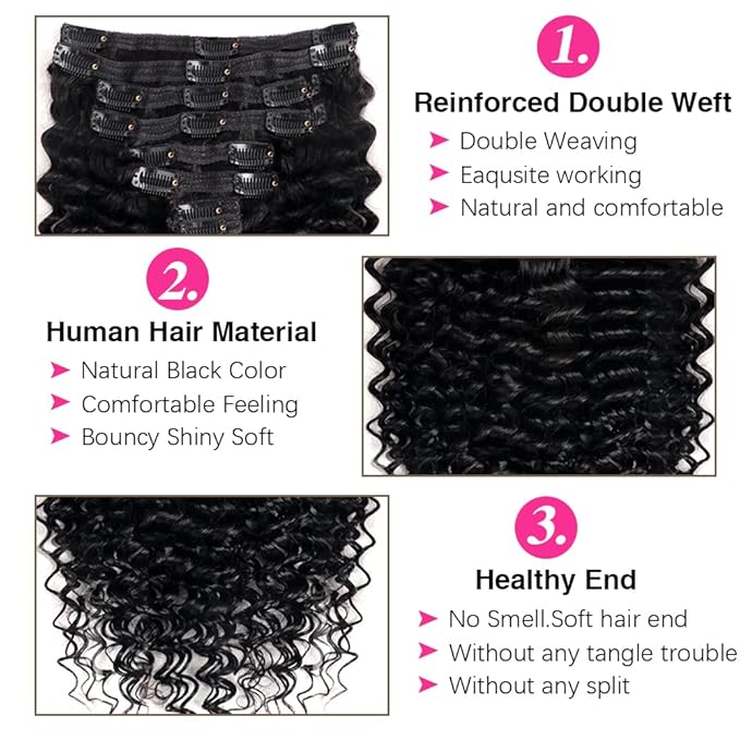 Deep Wave Clip in Hair Extensions Real Human Hair Brazilian Virgin Human Hair Clip in Extensions for Women 8Pcs Remy Hair with 18Clips 120g 20inch Natural Black