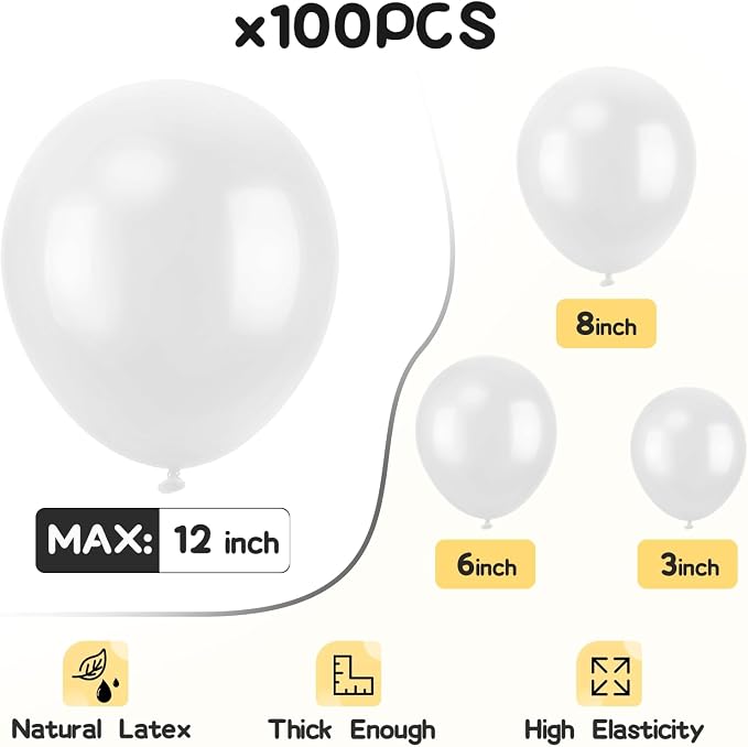 EMART White Balloons 12 Inch 100pcs, Latex Balloons - Image 3