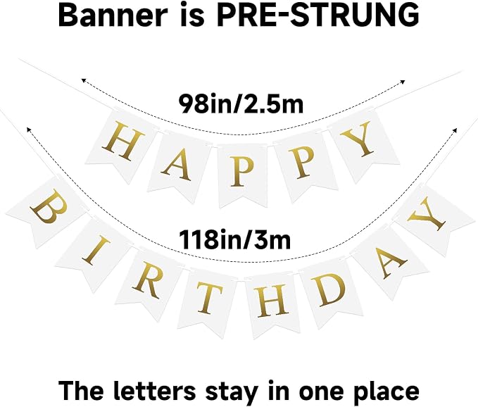 Pre-Strung White Happy Birthday Banner Birthday Party Banner NO DIY | Happy - Image 3