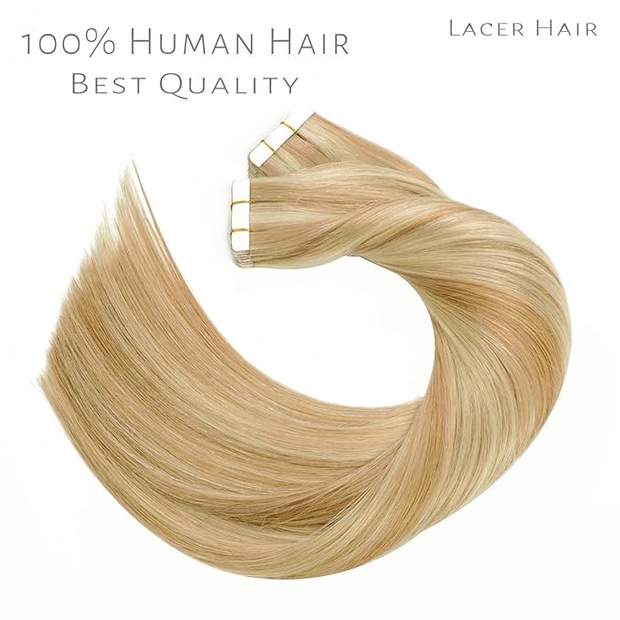Lacer Tape in Hair Extensions Real Human Hair Golden Blonde to Platinum Blonde 24 Inch Seamless Human Hair Extensions Tape in 100G 40Pcs