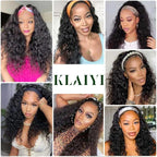 KLAIYI Headband Human Hair Wig Water Wave Curly Non Lace Front Wigs for Black Women Deep Wave Glueless Wear and Go Half Wig 30S Ready to Go Beginner Friendly 180% Density 12A Natural Hairline 14Inch