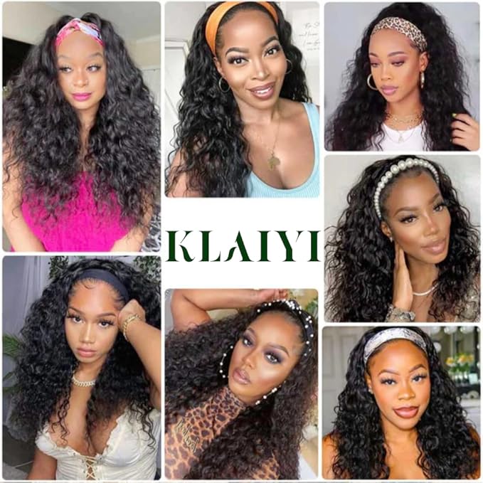 KLAIYI Headband Human Hair Wig Water Wave Curly Non Lace Front Wigs for Black Women Deep Wave Glueless Wear and Go Half Wig with Band 30S Ready to Go Beginner Friendly 180% Density Full Natural 26Inch