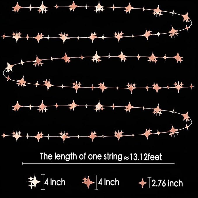 Glitter Rose Gold Four-Angle Star Paper Garland Banner Décor 40 Feet Twinkle - Image 2