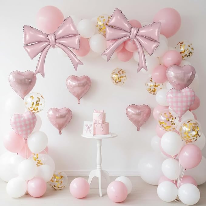 Pastel Pink Bow Balloons & Checkered Heart Foil Balloon Set, Coquette Birthday - Image 8