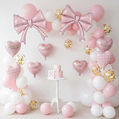 Pastel Pink Bow Balloons & Checkered Heart Foil Balloon Set, Coquette Birthday - Image 8