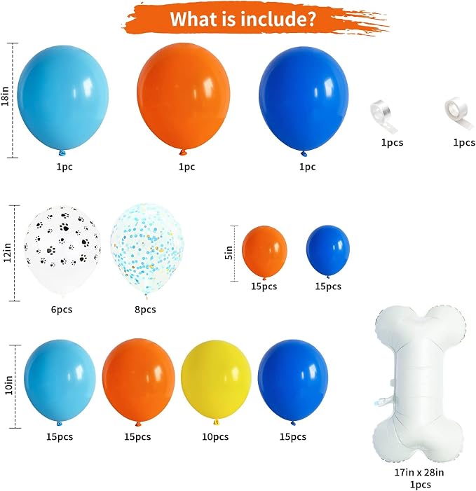 Dog Paw Balloon Arch, Big Bone Foil Balloon Orange Blue Confetti Balloons - Image 2