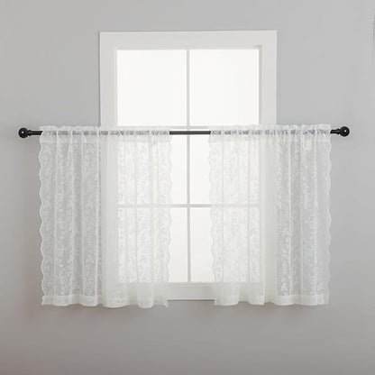 FINECITY Short Ivory Floral Lace Kitchen Curtains W42xL36 Inch, 2 Panels | Rod - Image 2