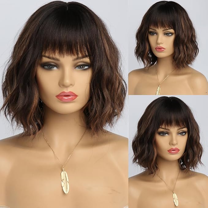 Short Dark Brown Wig with Highlight Wigs for Women Brown Mixed Gold Wig Highlights with Bangs Medium Length Synthetic Hair Wavy Bob Wig Colorful Wigs（14 Inches）