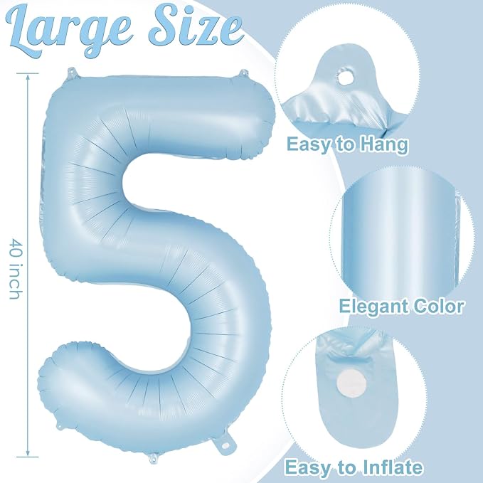 Light Blue Number 5 Balloon, 40 Inch Big Large Foil Number Balloons, Giant - Image 3