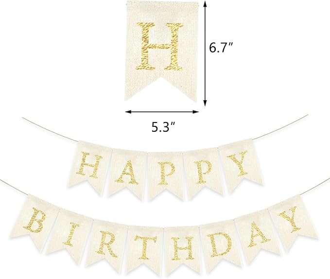 Gold Happy Birthday Banner Pre-strung Burlap Bunting Party Backdrop Sign - Image 2