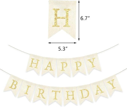 Gold Happy Birthday Banner Pre-strung Burlap Bunting Party Backdrop Sign - Image 2