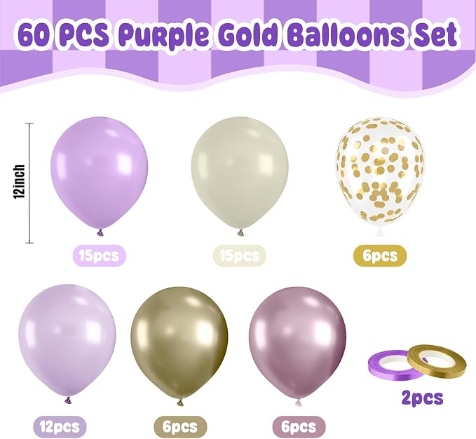 Paready 60pcs Metallic Gold Purple Balloons Set, 12 Inch Pastel Purple - Image 3