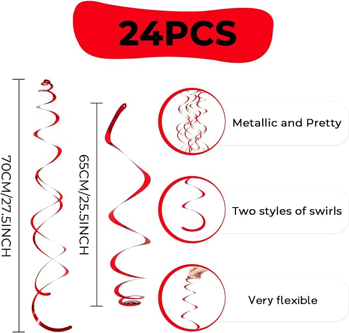 24 PCS Red Hanging Swirl, Sparkle Ceiling Hanging Decorations, Plastic Streamer - Image 6