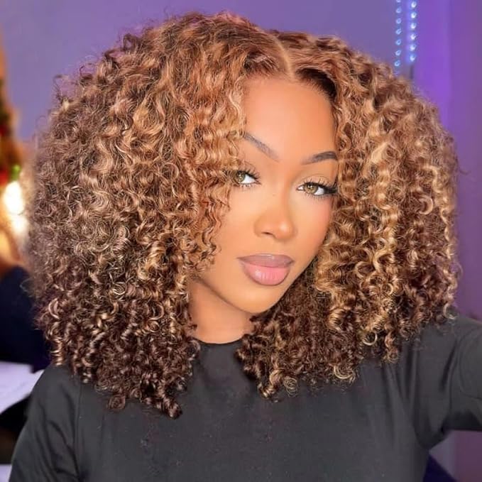 Water Wave Human Hair wig 13x4 Honey Blonde Deep Curly Human Hair wig 220% Density Ombre Deep Wave 4/27 Highlight Lace Front Wigs Wet And Wavy Water Wave Wig for Women 18 Inch