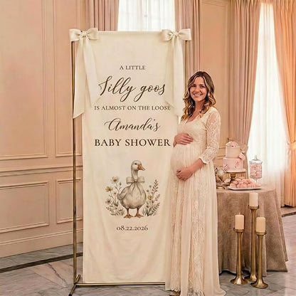 Personalized Silly Goose Baby Shower Fabric Sign Hello Baby Linen Backdrop1 | - Image 2