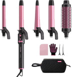 5 in 1 Automatic Rotating Curling Iron Set, CrazyMar Curling Wand Set - 5 Barrels (3/4,1,1/4 Inch) Dual Voltage Curling Wand for Professional Hair Styling, Travel, Ceramic Coating(Hot Pink)