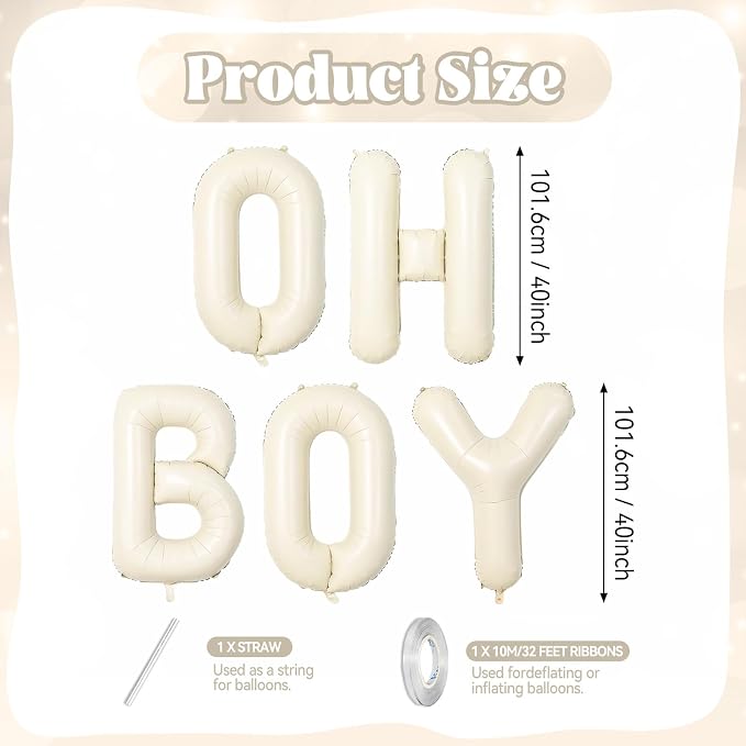 40 Inch Beige Oh Boy Balloons, Large Cream White OH BOY Balloon Letters - Image 2