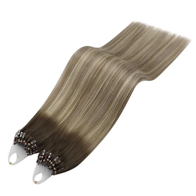 YoungSee Micro Loop Hair Extensions Real Human Hair Balayage Microlink Hair Extensions Human Hair Brown Balayage Blonde Microbead Hair Extension 16Inch Ombre Bead Hair Extension 50s/50g